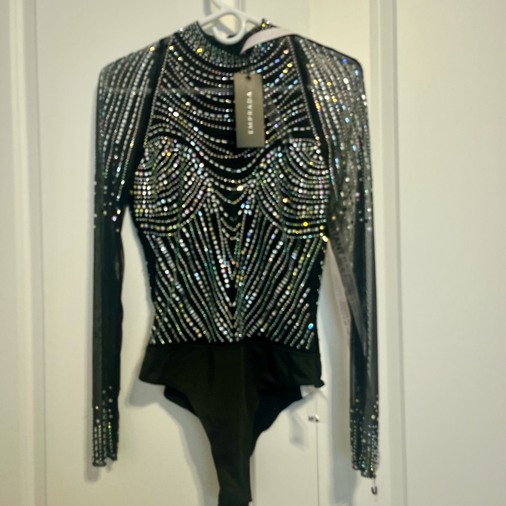 Sparkling Black Embellished Bodysuit